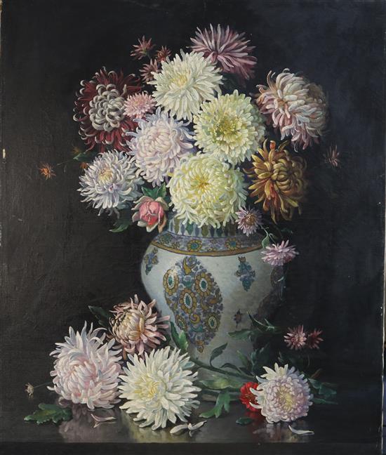 Roger-Marios Debat (1906-1972) Still life of chrysanthemums in a faience vase 39 x 32in., unframed